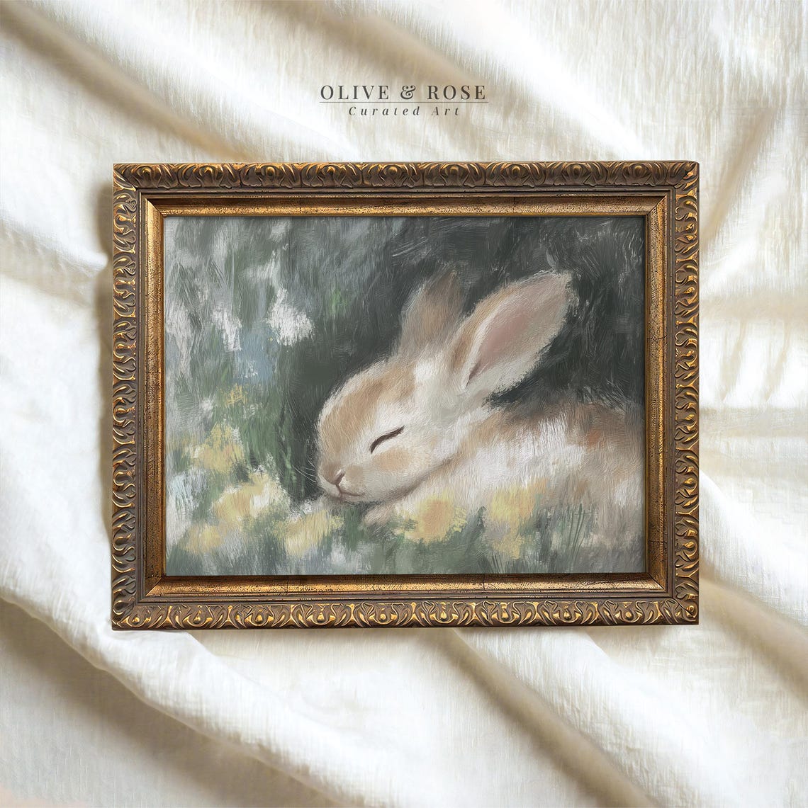Vintage Easter Bunny In Wild Flower Meadow Print Cute Sleepy Rabbit Painting Wall Art Pastel Bunny Spring Decor Prints