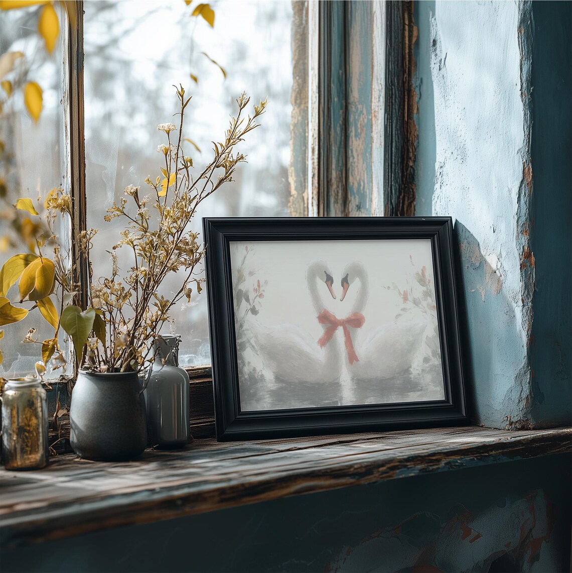 Romantic Swan Pair Heart-Shaped Necks Red Ribbon Moody Lake Wall Art - Image 4