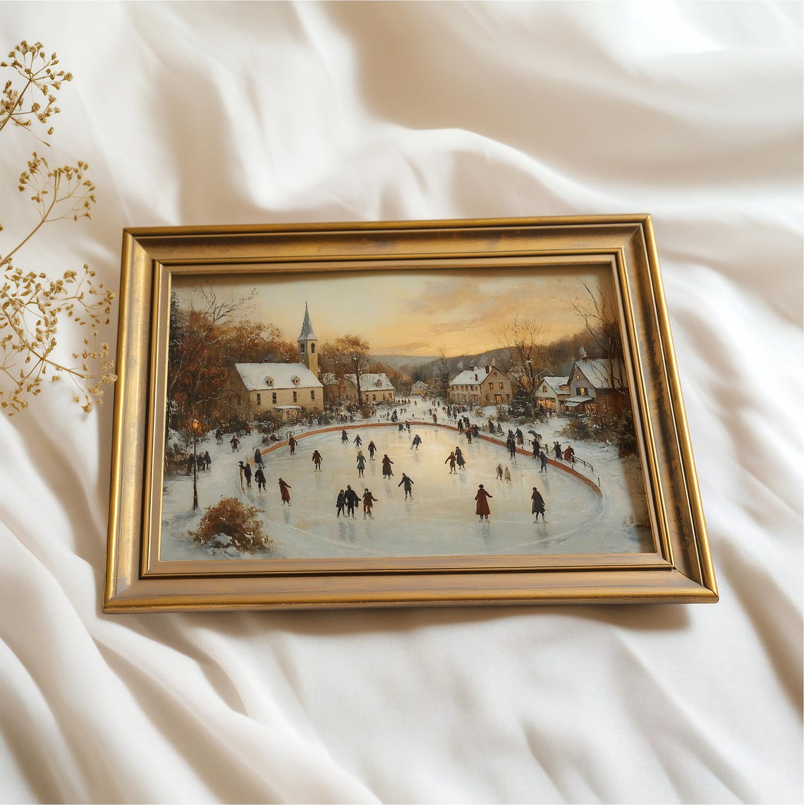 Vintage Christmas Village Print Winter Holiday Decor Hockey Players Snowy Landscape Painting Winter Cityscape Prints - Image 3