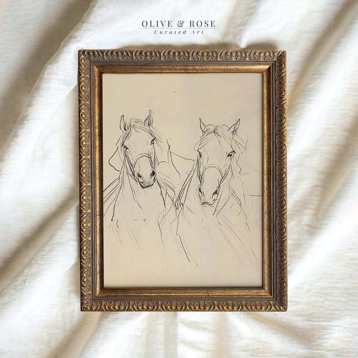 Antique Two Horses Head Line Drawing Equestrian Sketch Vintage Poster
