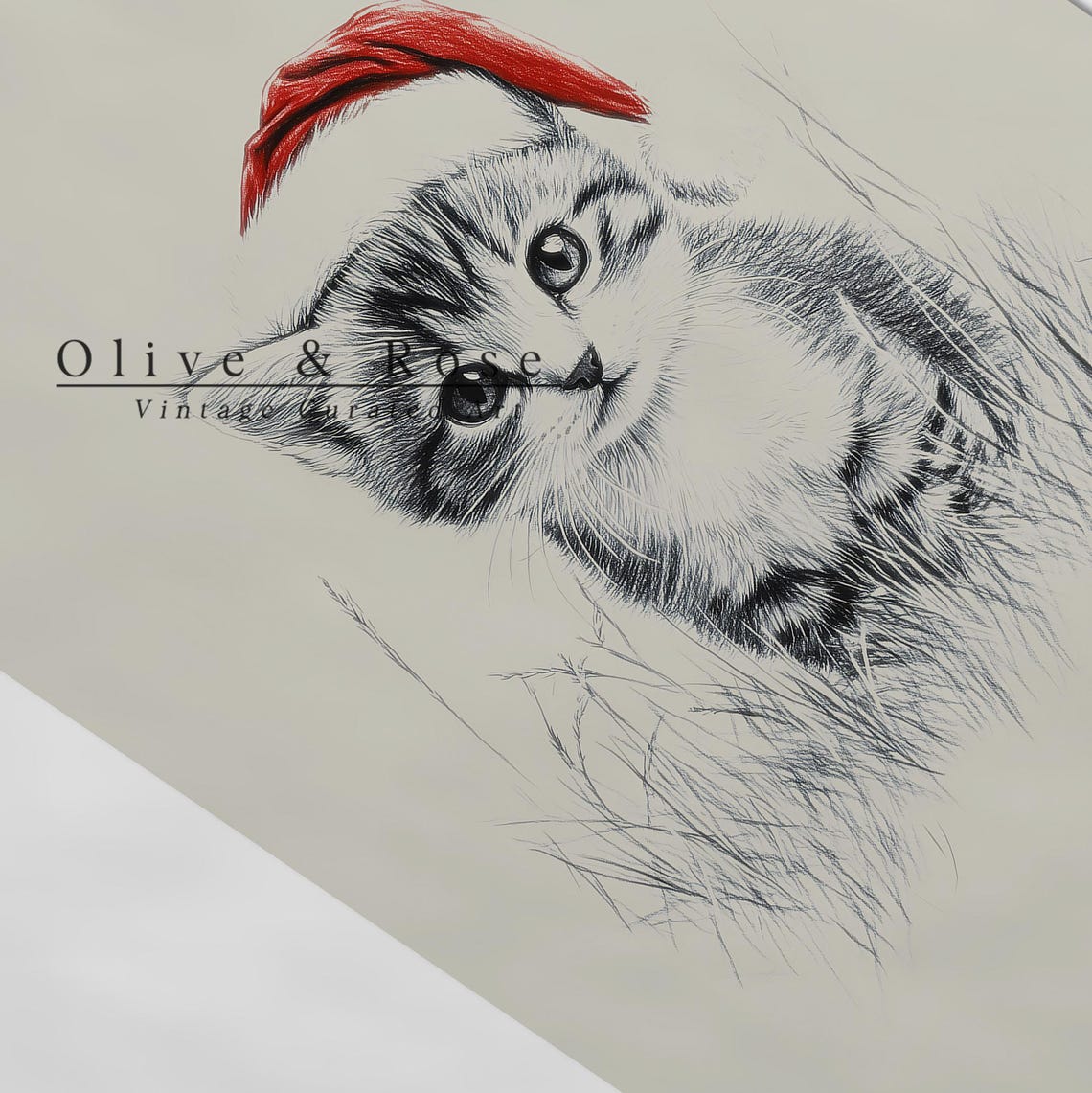 Cute Kitten With Santa Hat Sketch Print Neutral Christmas Nursery Wall Decor Vintage Winter Wall Art Cat Drawing Prints - Image 5
