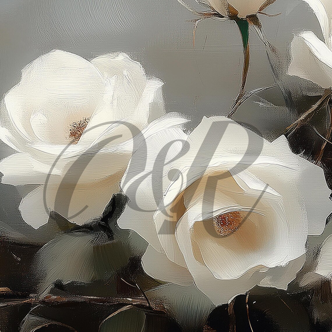 White Roses Dark Moody Background Vintage Botanical Oil Painting Print - Image 5