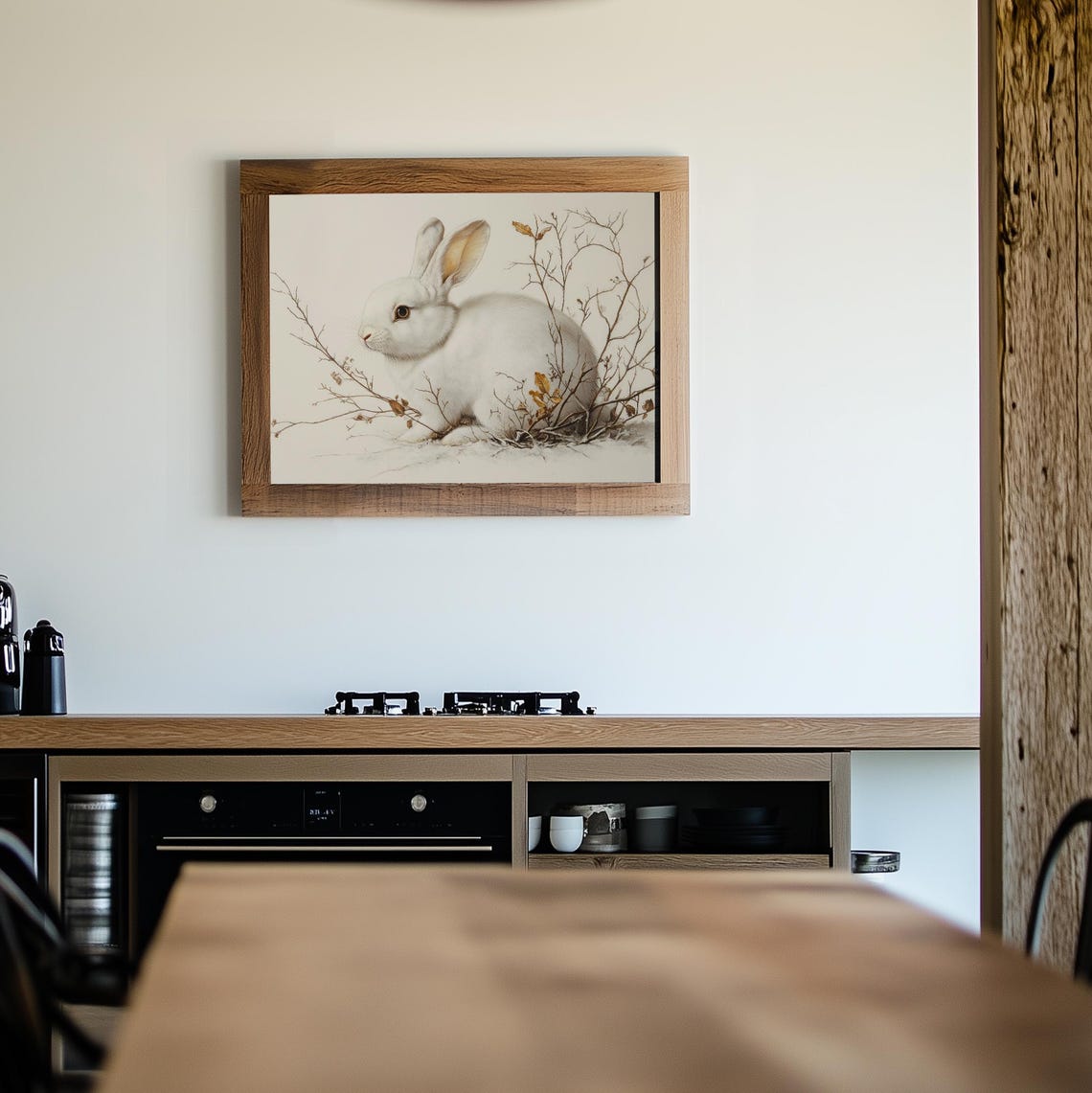 White Bunny Among Bare Winter Branches Minimal Neutral Wall Art - Image 2