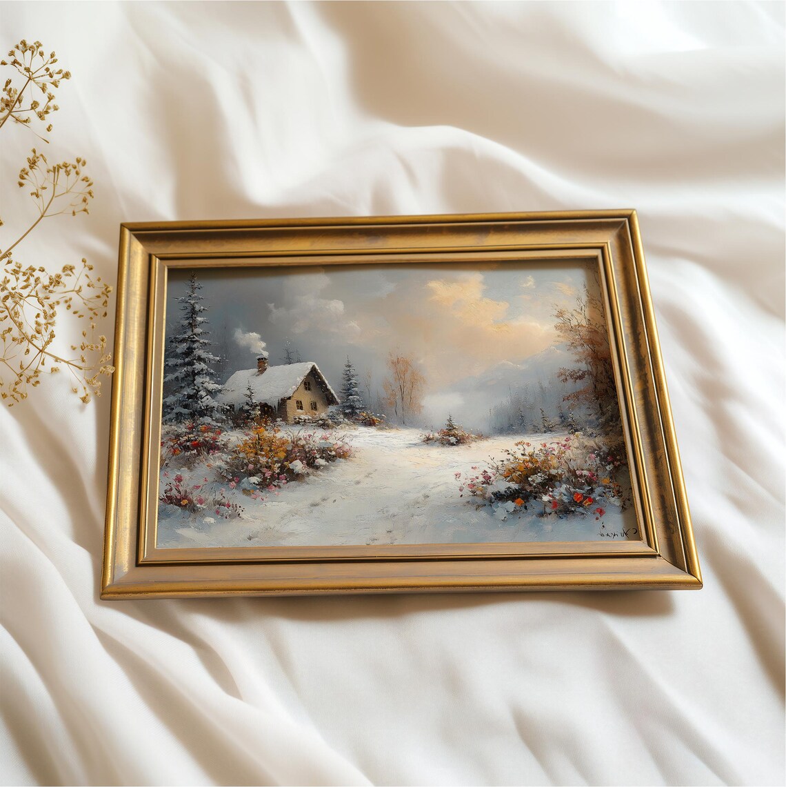 Vintage Snowy Cottage Wildflower Meadow Winter Landscape Art Poster - Image 3