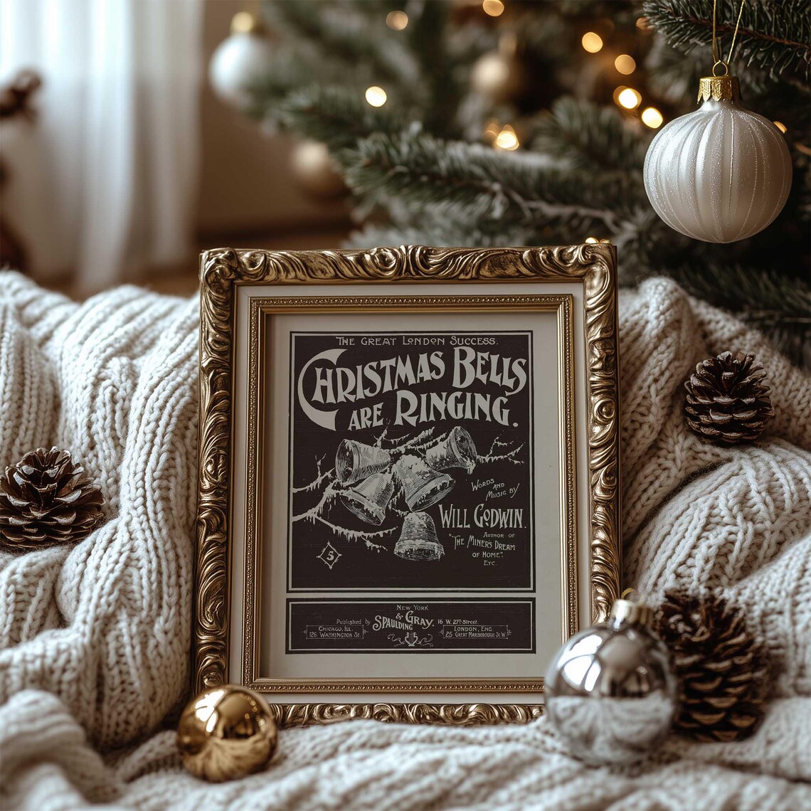 Christmas Bells Are Ringing Antique Sheet Music Cover Black Art Poster - Image 4