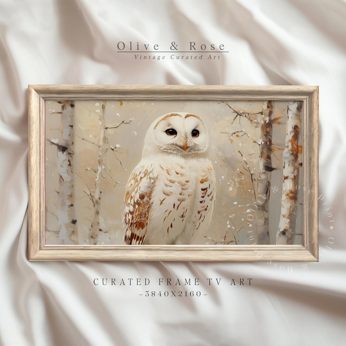 White Owl Winter Birch Forest Vintage Bird Oil Painting Nature Poster