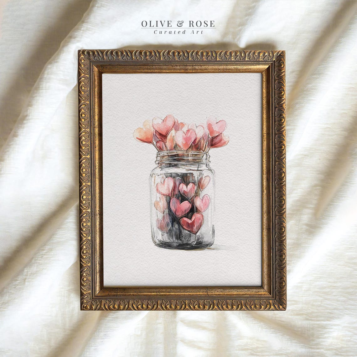 Pink Hearts Mason Jar Watercolor Bouquet Romantic Valentine Wall Art