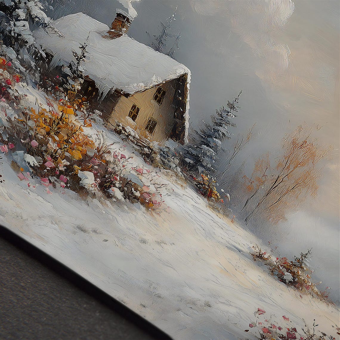 Vintage Snowy Cottage Wildflower Meadow Winter Landscape Art Poster - Image 5