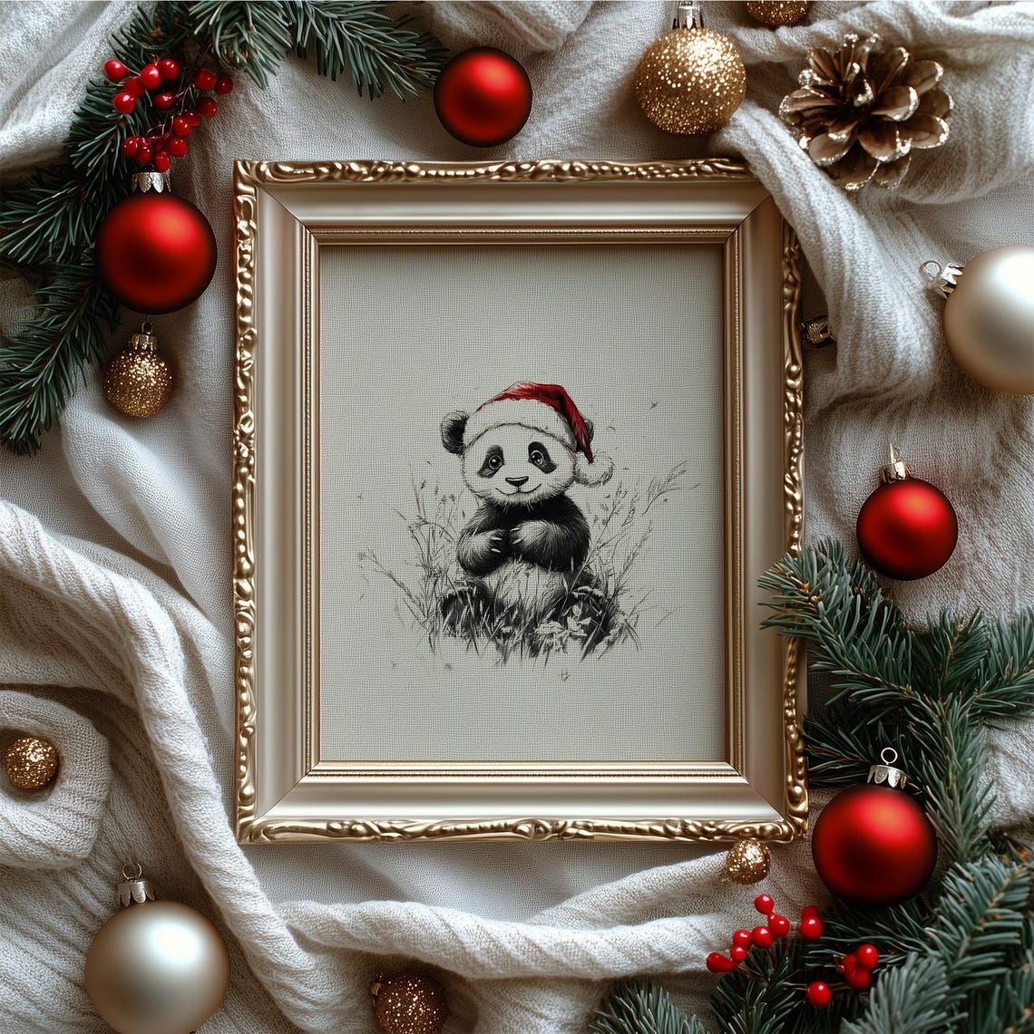 Cute Baby Panda With Santa Hat Sketch Neutral Christmas Nursery Wall Decor Vintage Winter Wall Art Panda Drawing Prints - Image 4