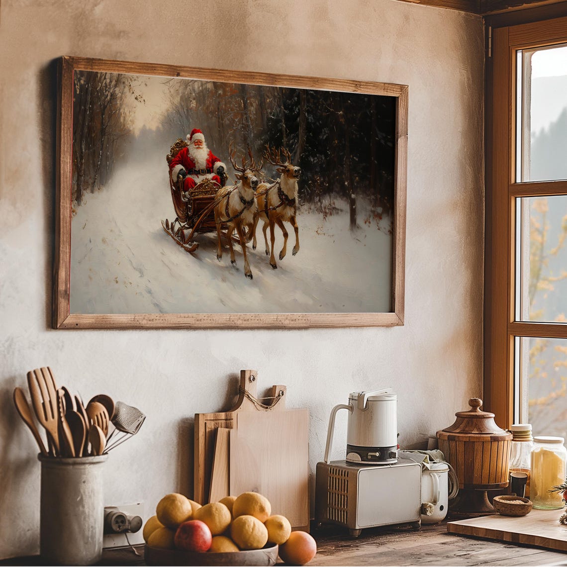 Vintage Christmas Santa Claus Frame Tv Art Santa Riding Sleigh Oil Painting Frame Tv Xmas Wall Decor Holiday Festive Screensaver - Image 5