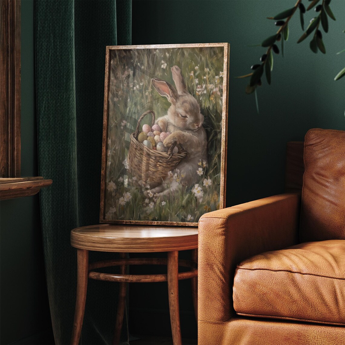 Sleepy Bunny With Basket Of Easter Eggs Wildflower Meadow Oil Poster - Image 2