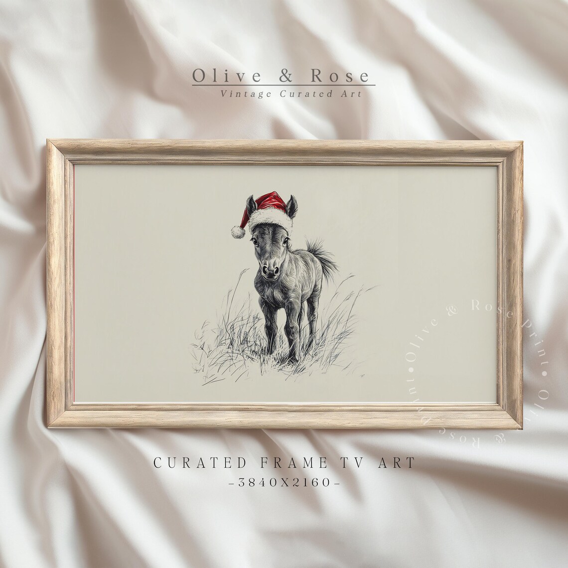 Sweet Foal Wearing Red Santa Hat Minimalist Sketch Christmas Wall Art