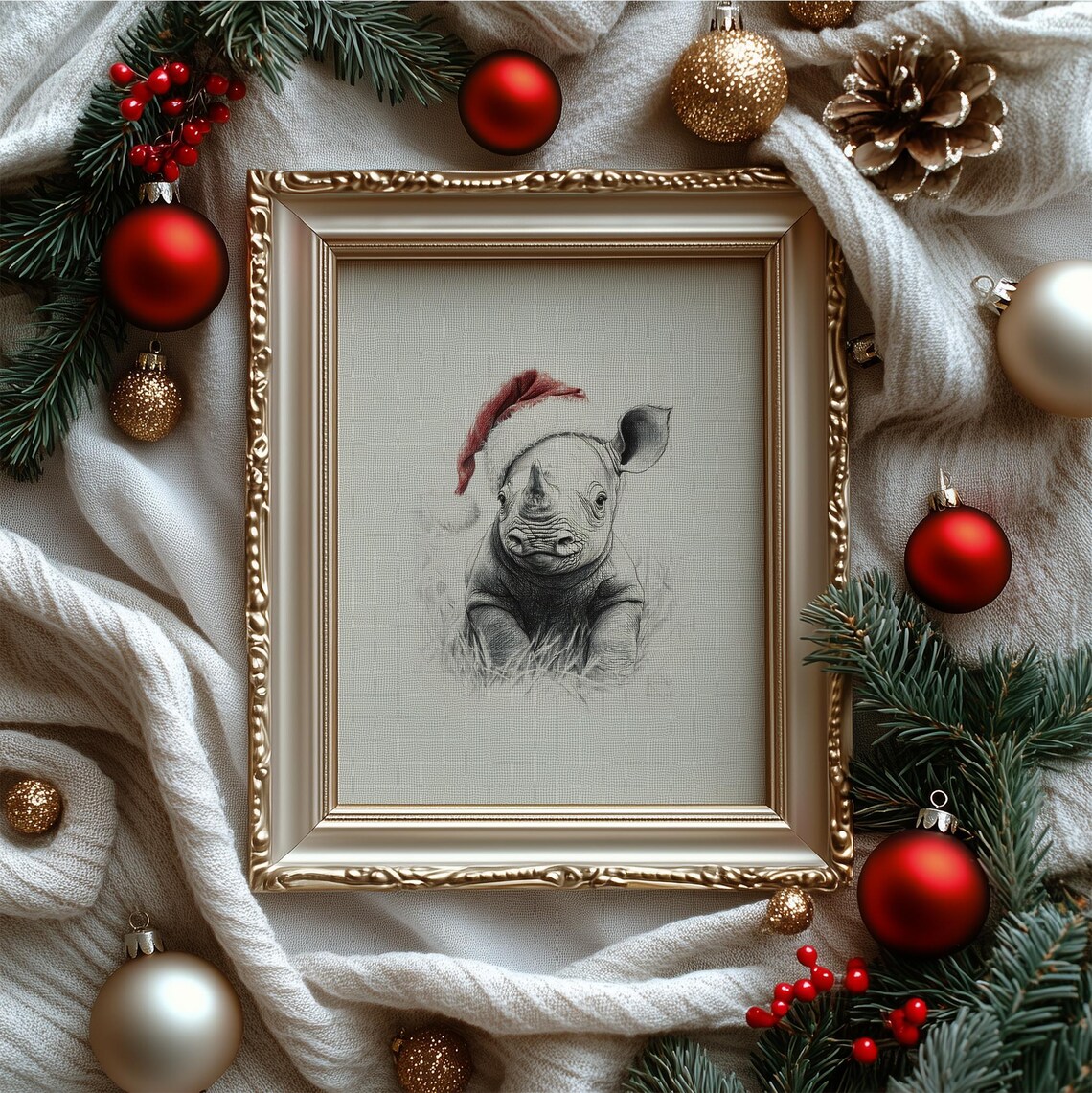 Cute Baby Rhino In Santa Hat Sketch Vintage Christmas Nursery Poster - Image 4