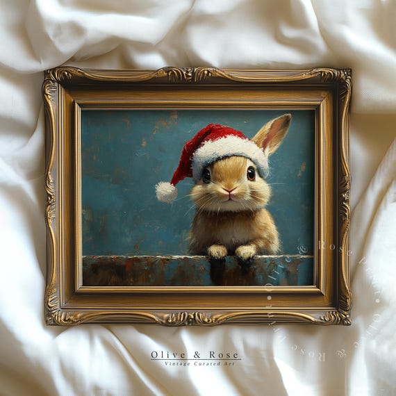 Cute Baby Rabbit In Santa Hat Painting Xmas Print Hare Christmas Wall Decor Vintage Bunny Nursery Art Prints