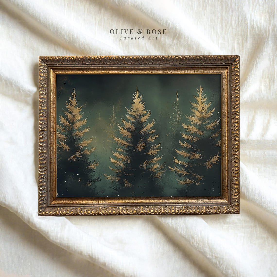 Golden Evergreen Forest Moody Dark Green Winter Trees Vintage Poster