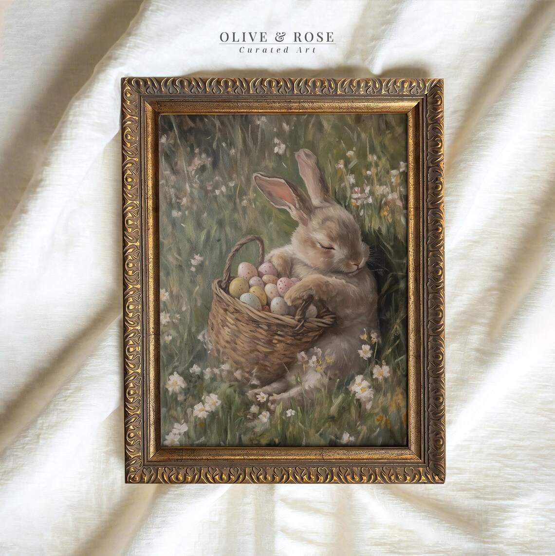 Sleepy Bunny With Basket Of Easter Eggs Wildflower Meadow Oil Poster