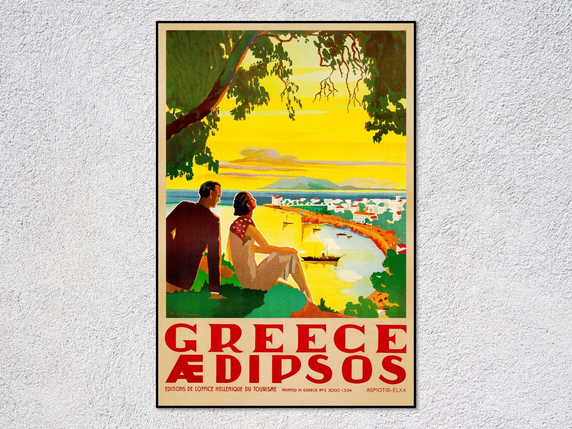 Edipsos Vintage Greece Travel Poster, Retro Spa Art