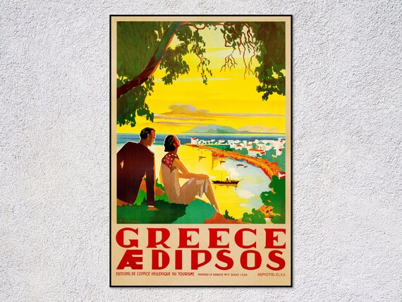 Edipsos Vintage Greece Travel Poster, Retro Spa Art