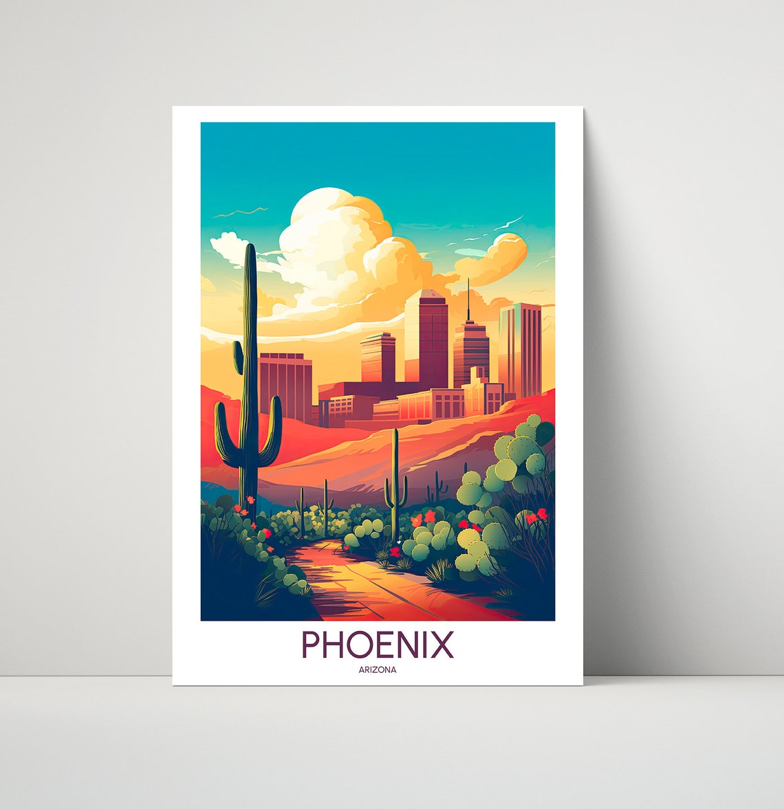 Phoenix Arizona Saguaro Cactus Desert City Skyline Travel Poster