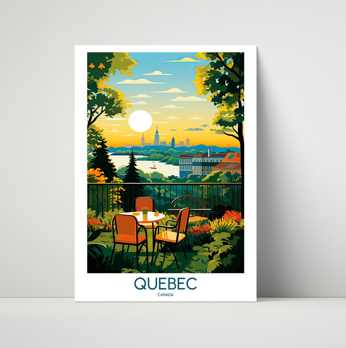 Quebec Canada Golden Sunset Terrace Overlooking City Travel Poster