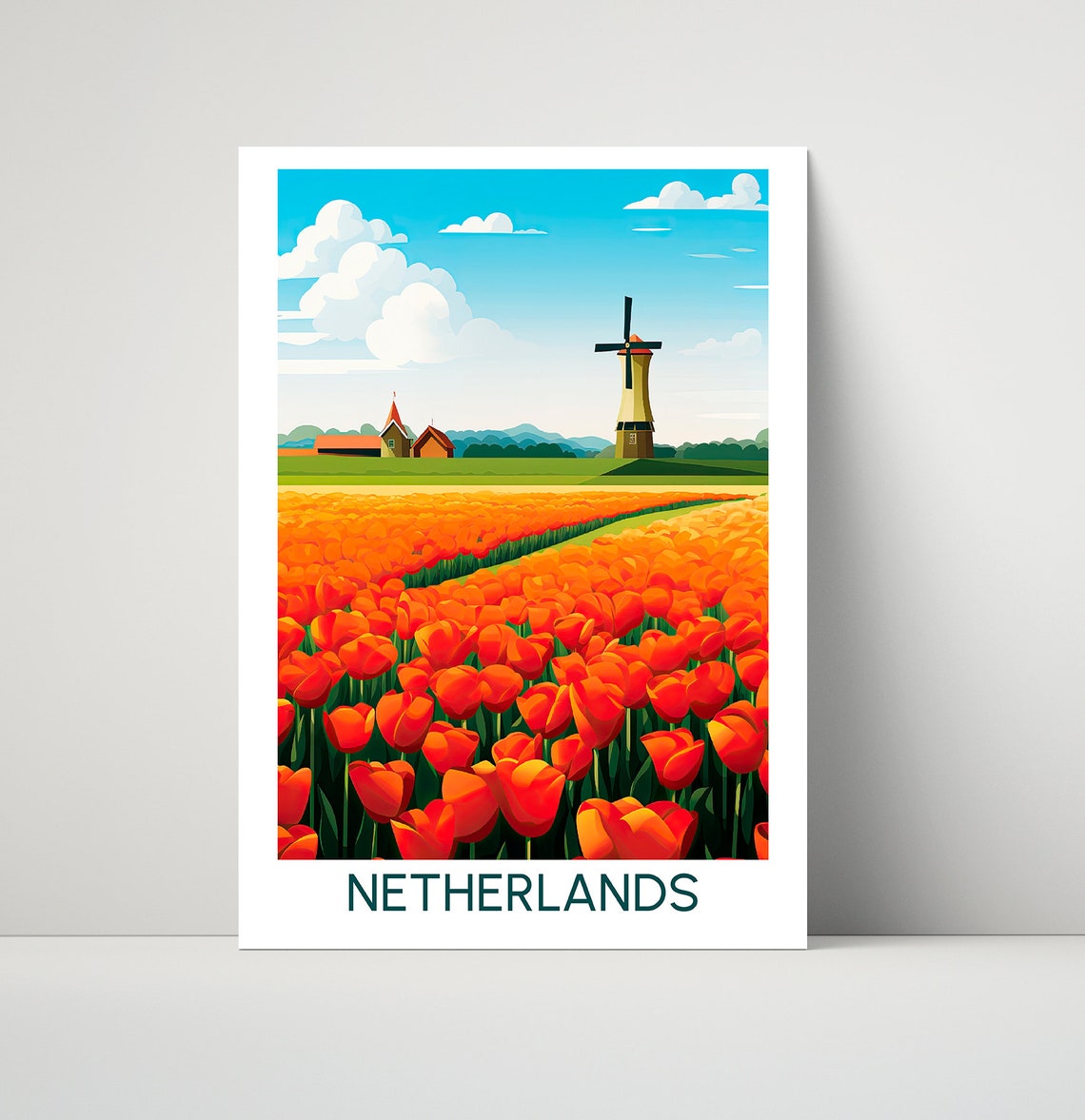 Netherlands Tulip Field Windmill Spring Travel Illustration Poster