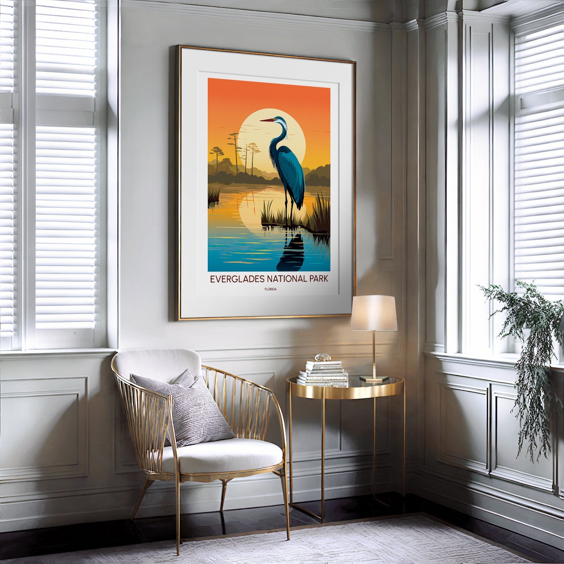 Everglades National Park Florida Blue Heron Sunset Illustration Poster - Image 2