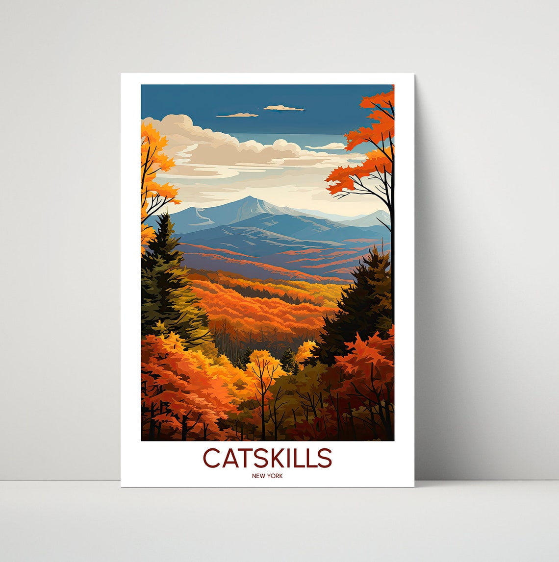 Catskills New York Autumn Foliage Mountain Vista Travel Poster