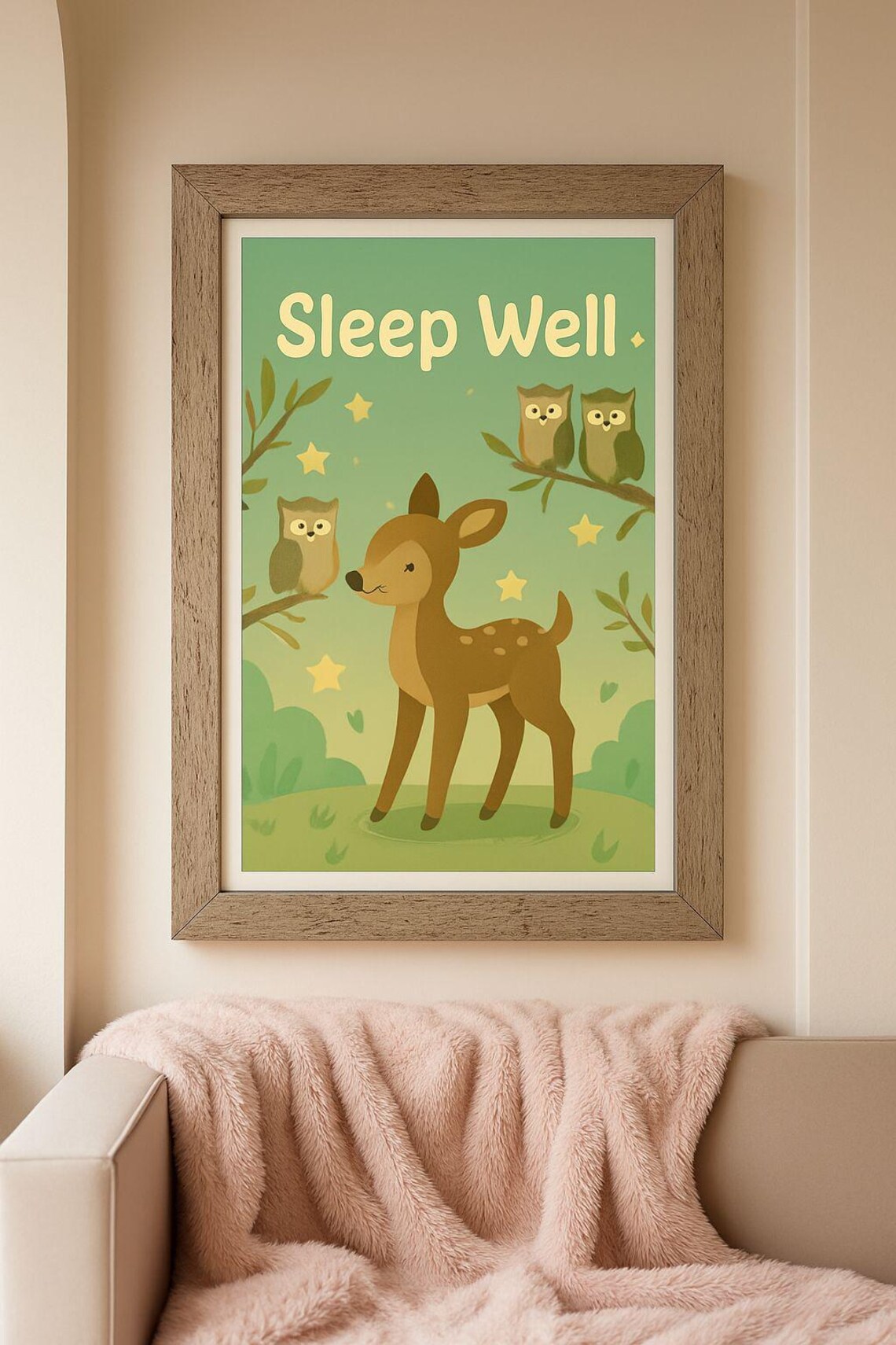 Sleep Well Sweet Deer and Owls Nursery Bedtime Story Art Poster