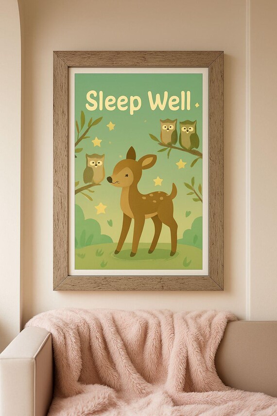 Sleep Well Sweet Deer and Owls Nursery Bedtime Story Art Poster