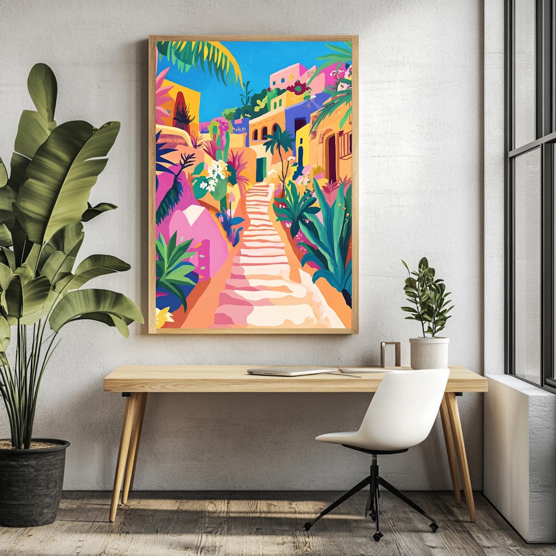 Mediterranean Village Travel Stairs, Vibrant Decor - Image 3