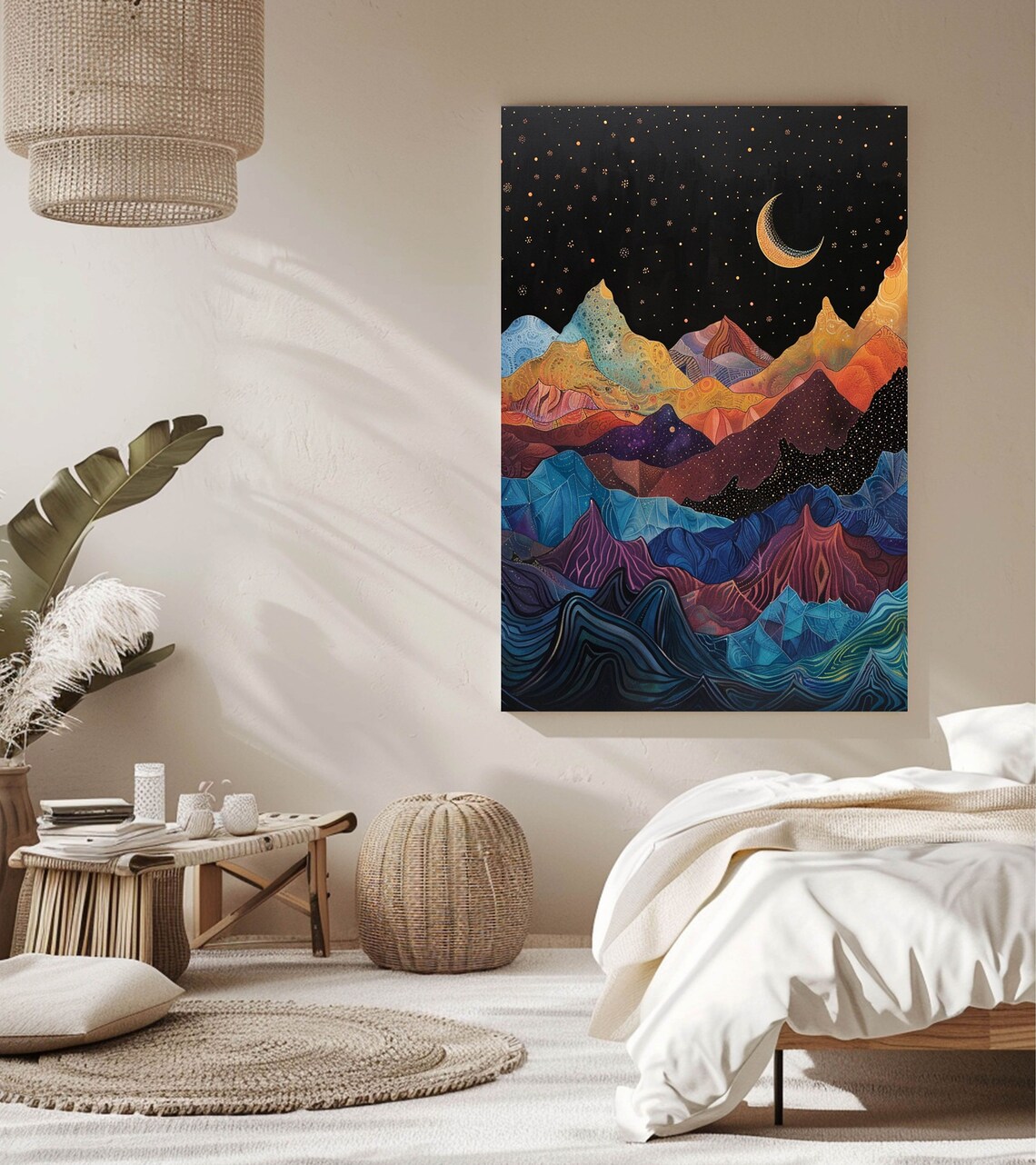Night Sky, Colorful Mountains Watercolor Art Print - Image 3