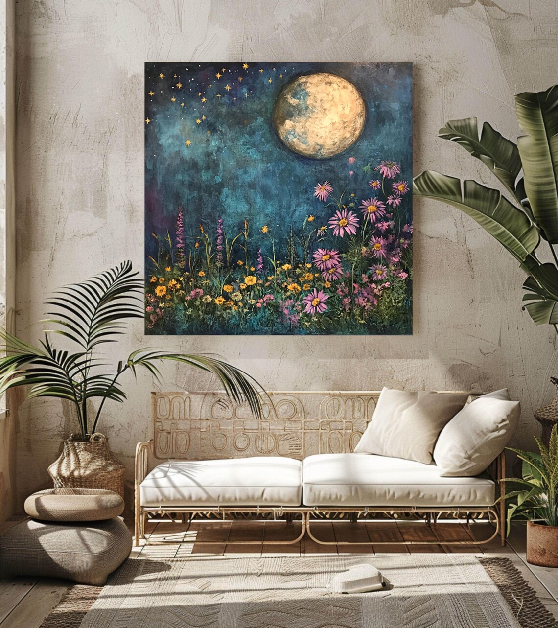 Dreamy Wildflowers, Mystical Moon And Stars Boho Art - Image 3