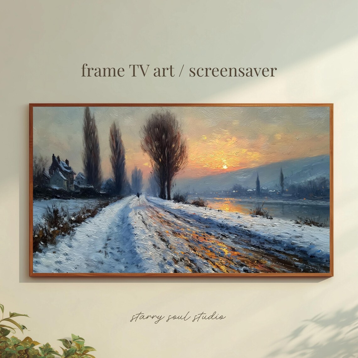 Snowy Country Road Winter Sunset Poplars Oil Painting TV Art Poster