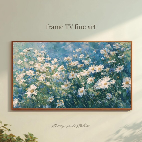 White Daisy Field Oil Painting Print Summer Wildflowers Blue Sky Floral Art