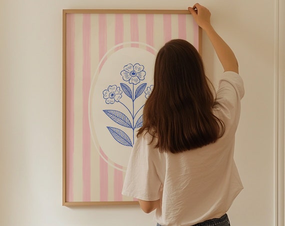 Pink Striped Floral Print Art Print, Vintage Decor