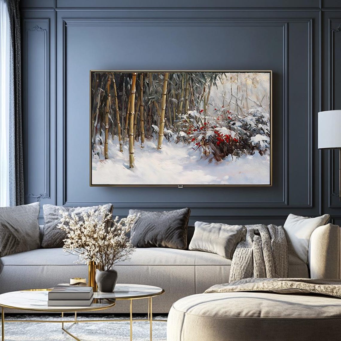 Snowy Bamboo Forest with Red Berry Bushes Japanese Winter Poster - Image 2