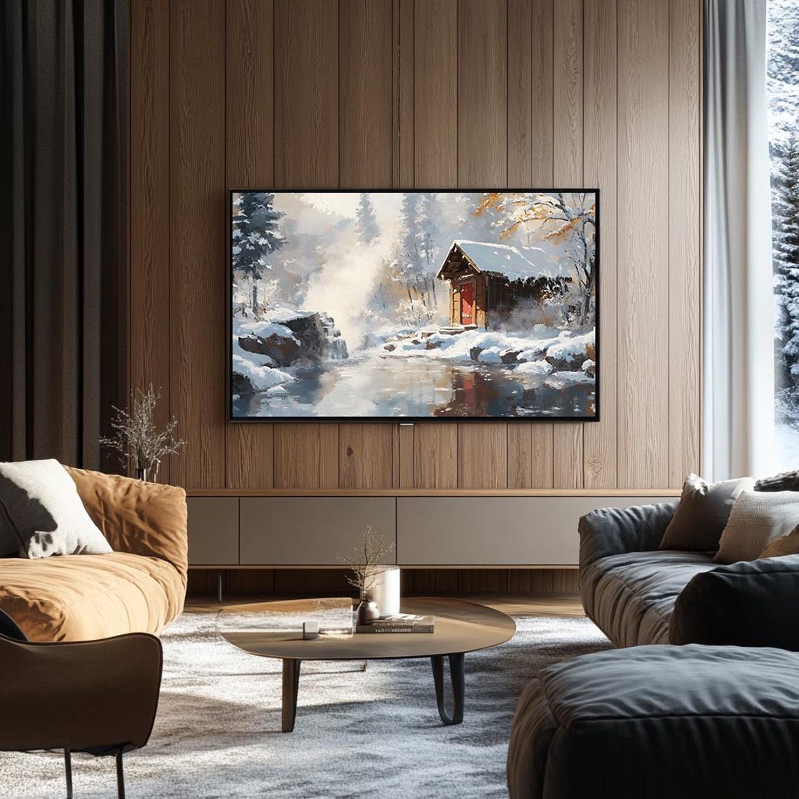 Snowy Riverside Cabin with a Red Door Japanese Winter Art Poster - Image 3