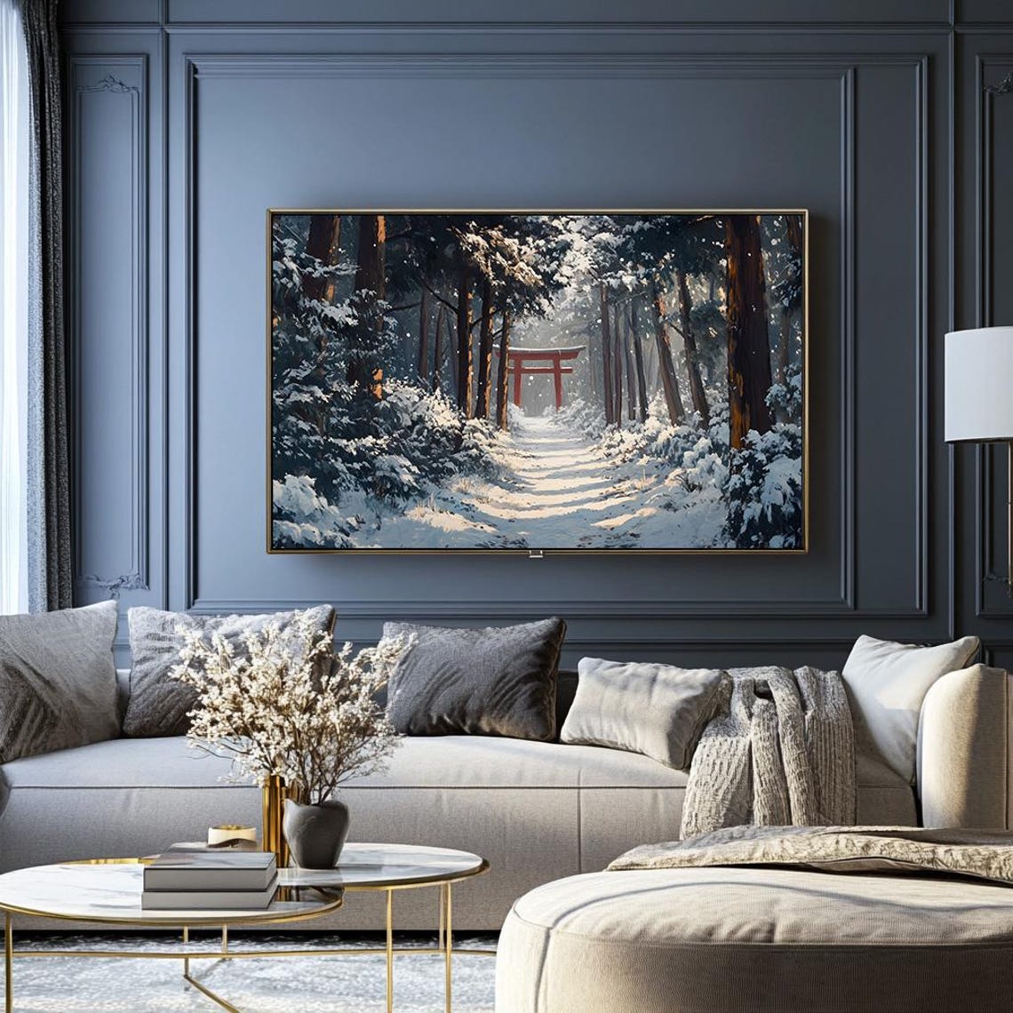 Red Torii Gate on a Snowy Forest Path Japanese Winter Art Poster - Image 2