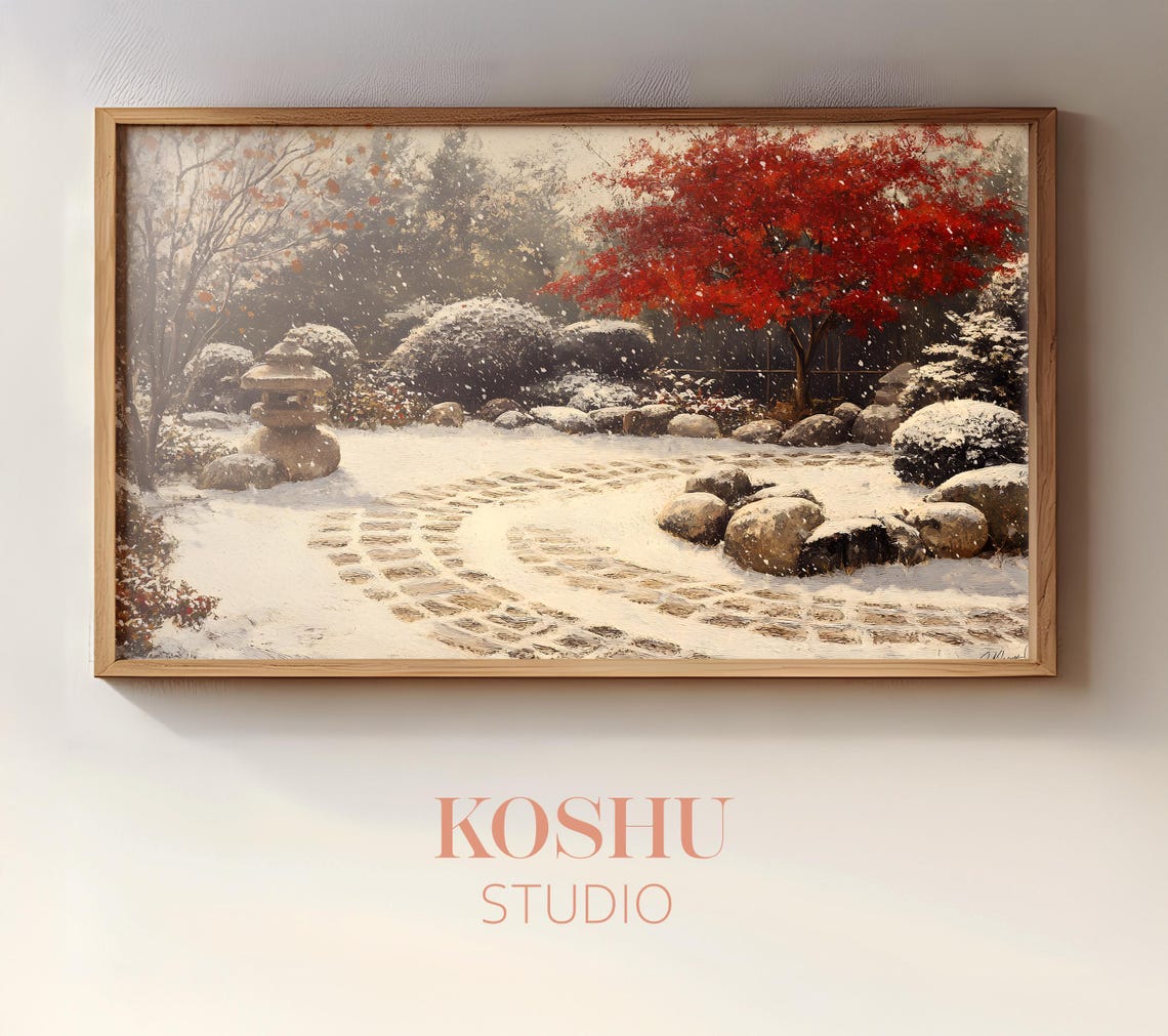 Snowy Zen Garden with Stone Lantern and Red Maple Tree Poster