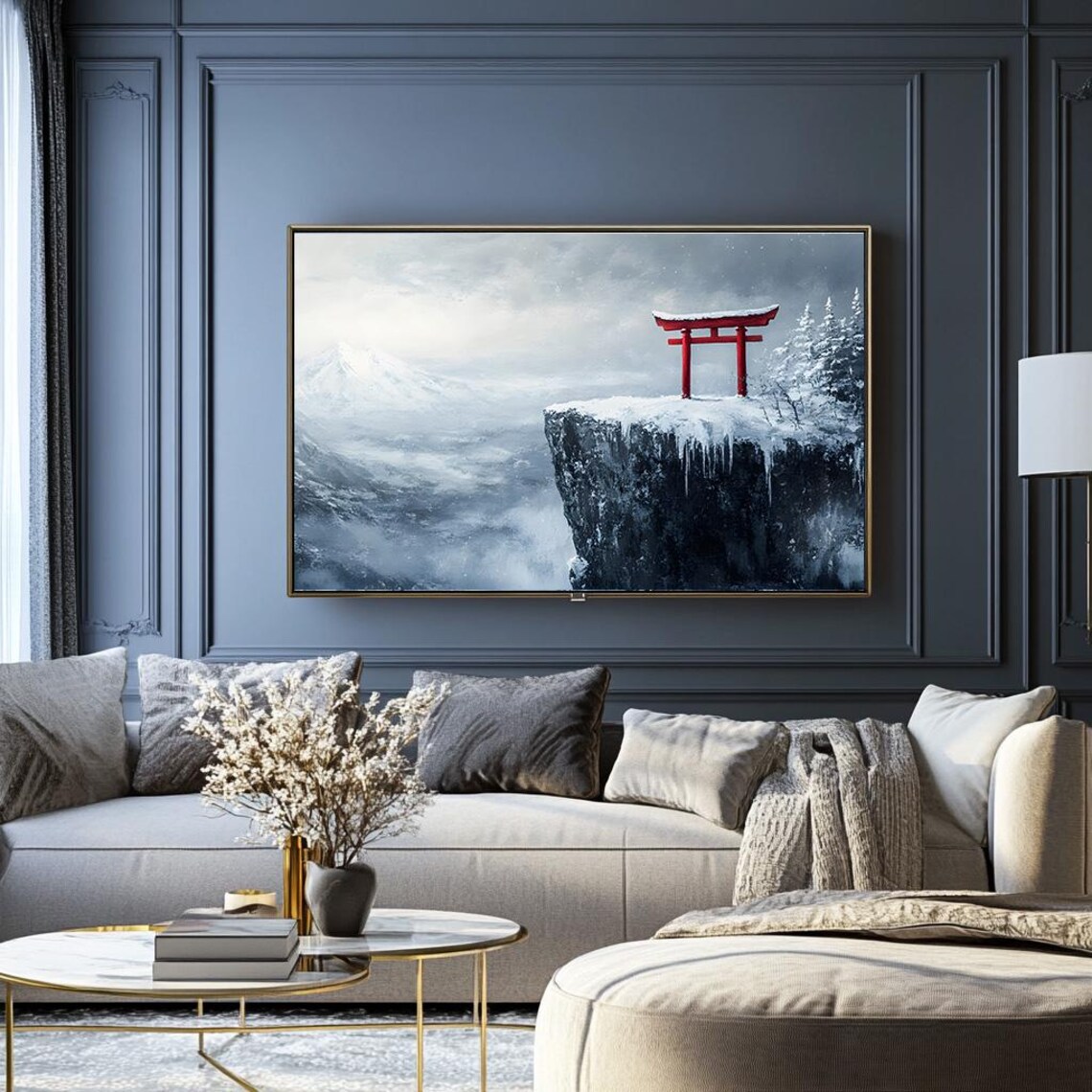 Red Torii Gate on a Snowy Cliff Japanese Winter Landscape Poster - Image 2