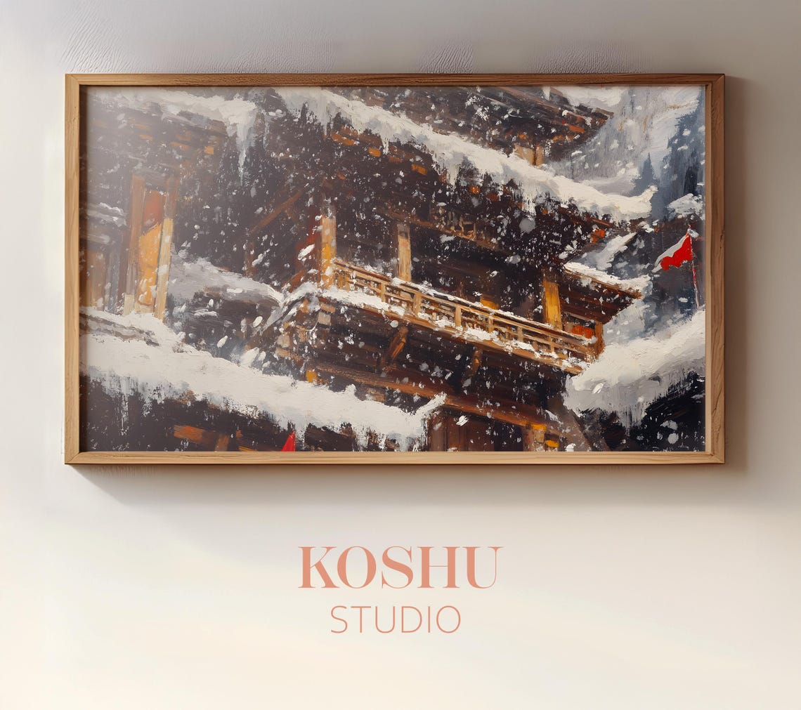 Snowy Temple Rooftops in Heavy Winter Snow Japanese Art Poster