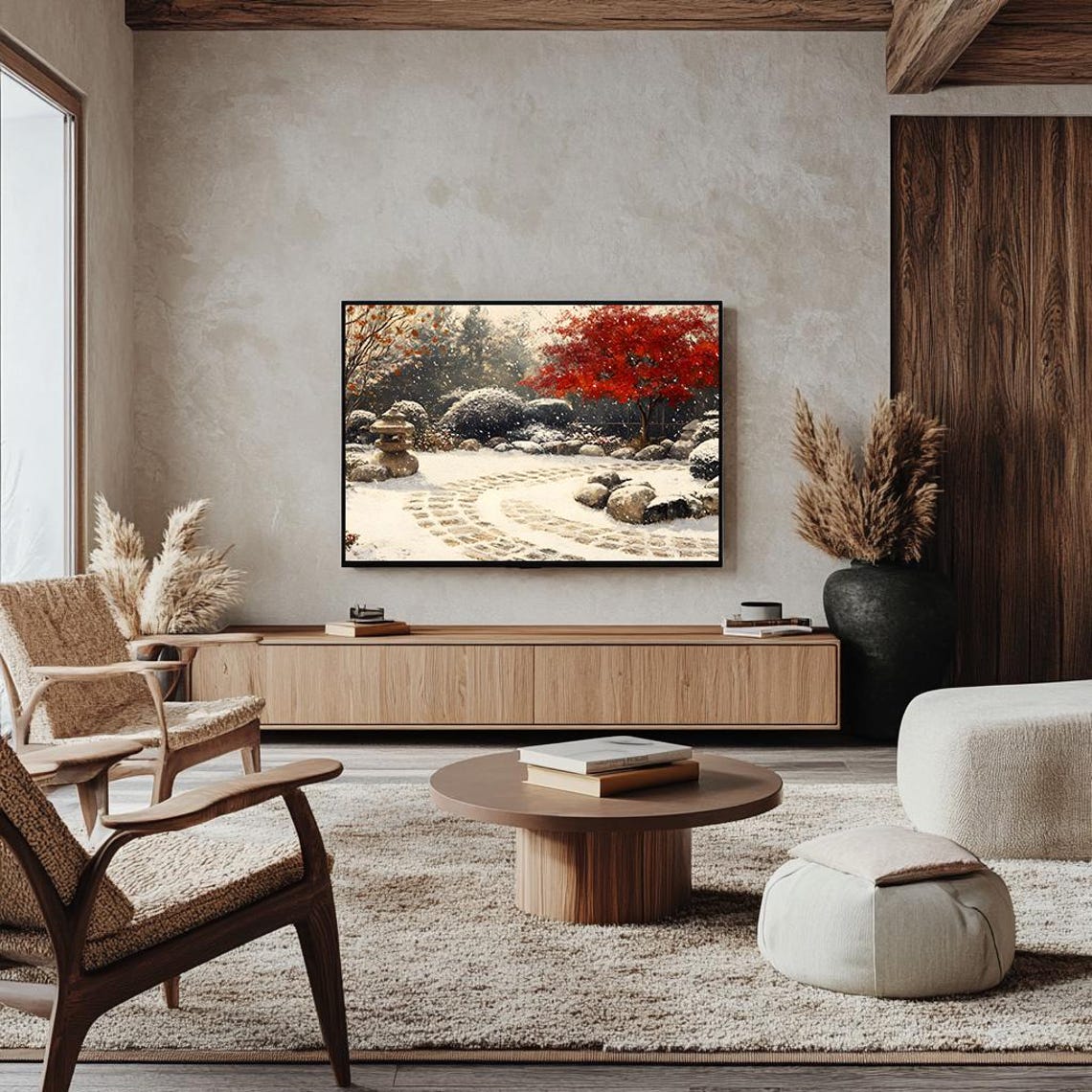 Snowy Zen Garden with Stone Lantern and Red Maple Tree Poster - Image 4