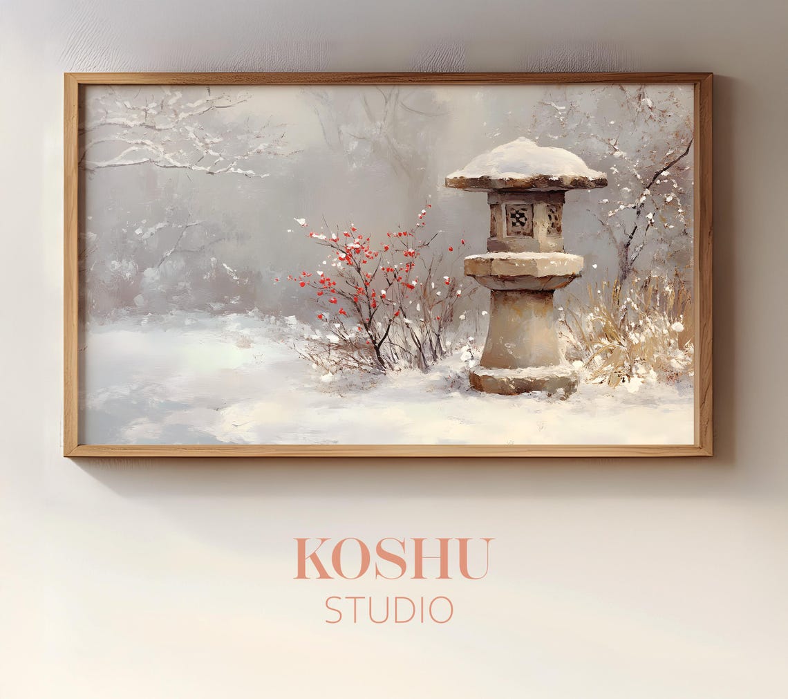 Stone Lantern with Winterberries in the Snow Japanese Art Poster