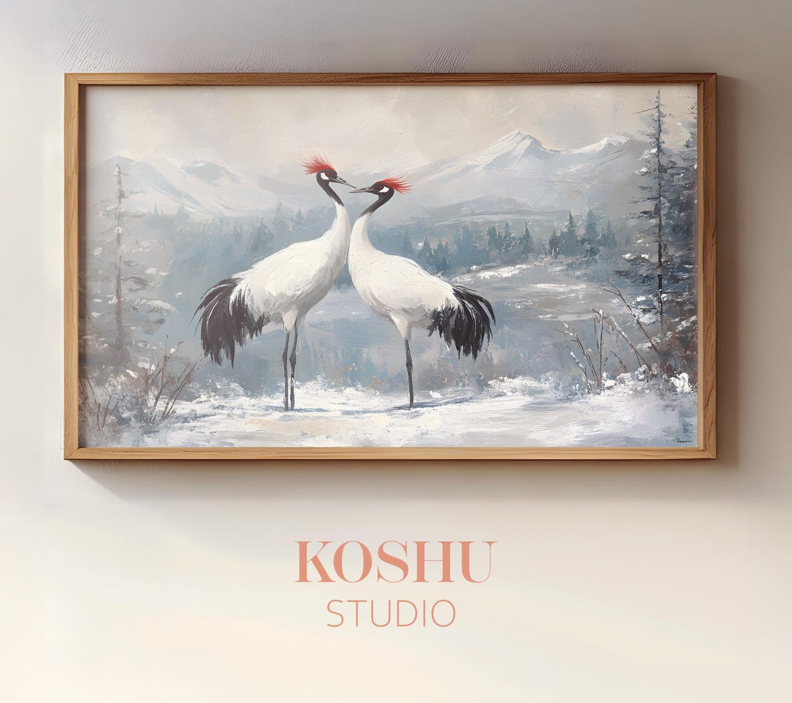 Red Crowned Crane Pair in Snowy Mountains Japanese Wildlife Poster