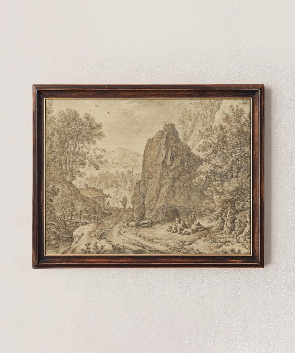 Antique Sepia Landscape Drawing Rocky Hillside Village Sketch Print
