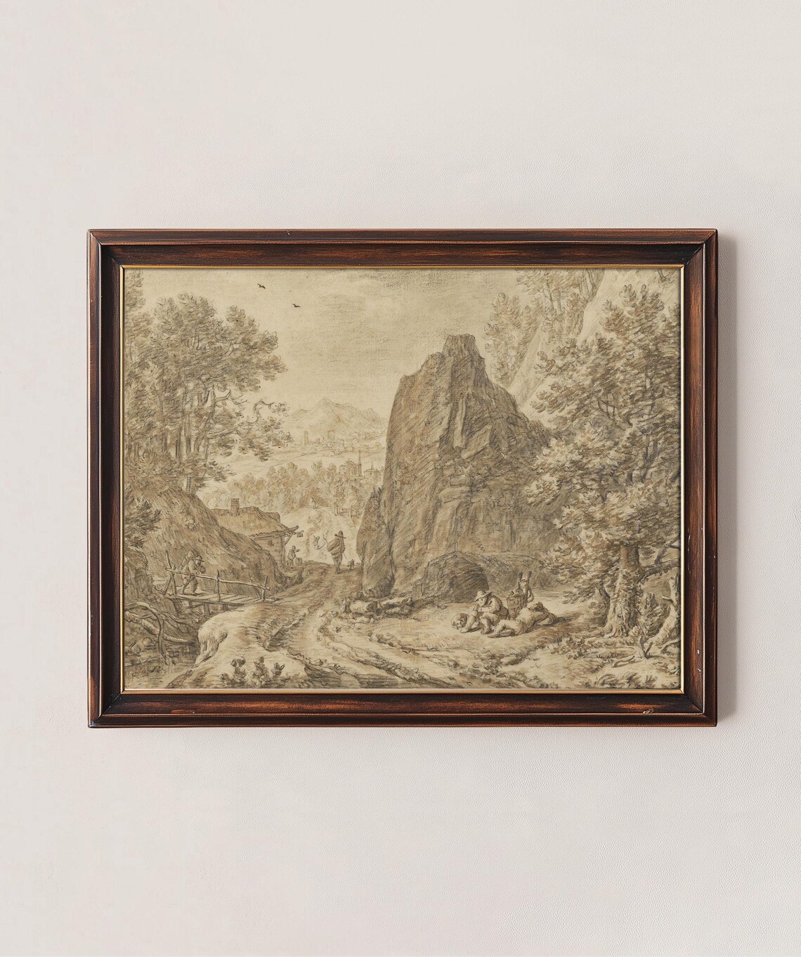 Vintage Landscape Art Sketch Scenic Mountain Art Drawing Sepia Brown Art