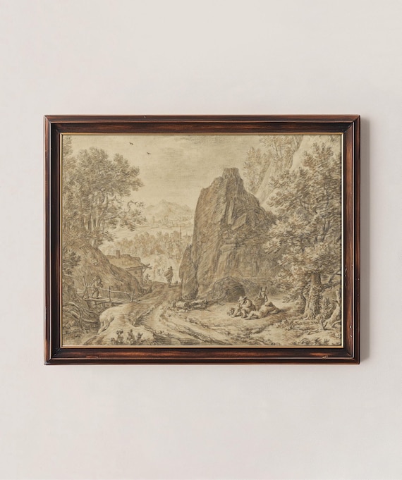 Vintage Landscape Art Sketch Scenic Mountain Art Drawing Sepia Brown Art