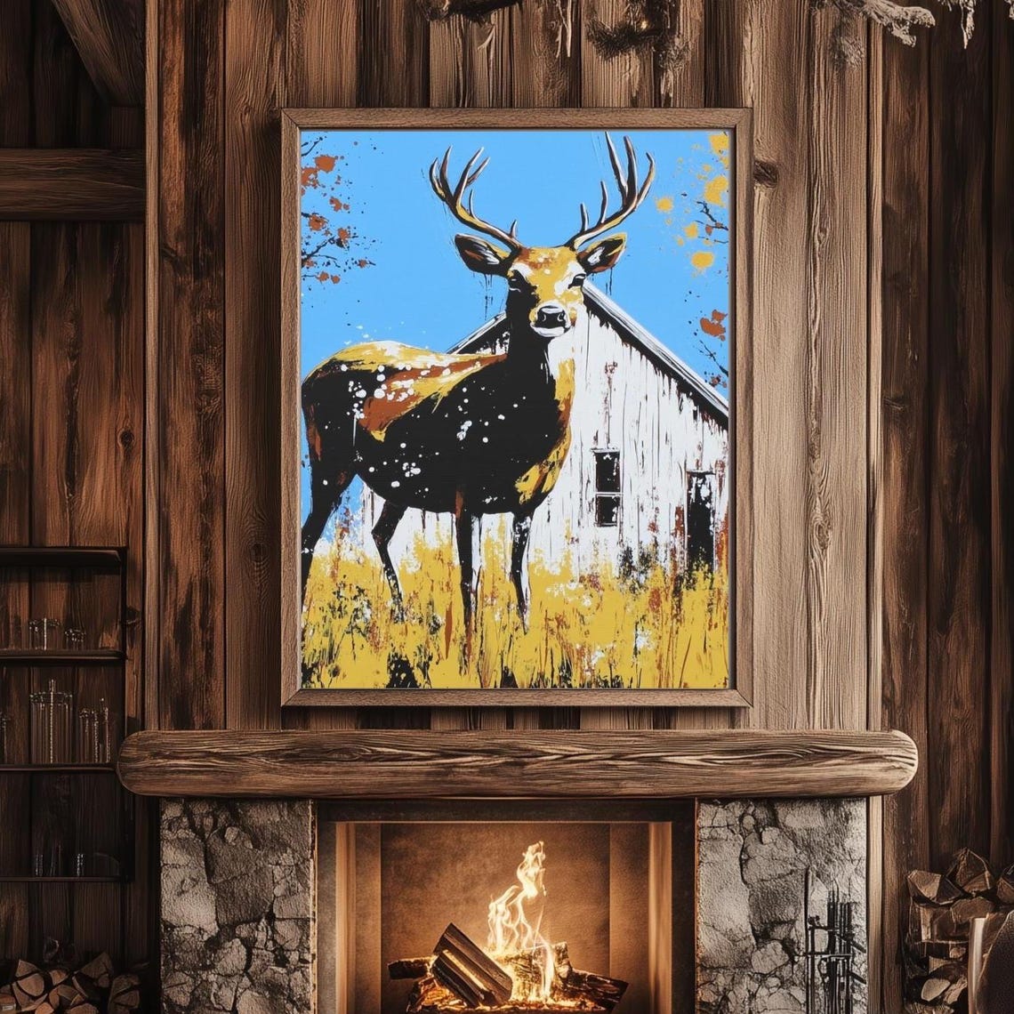 Pop Art Stag Deer Standing Before Rustic White Barn Painting Poster
