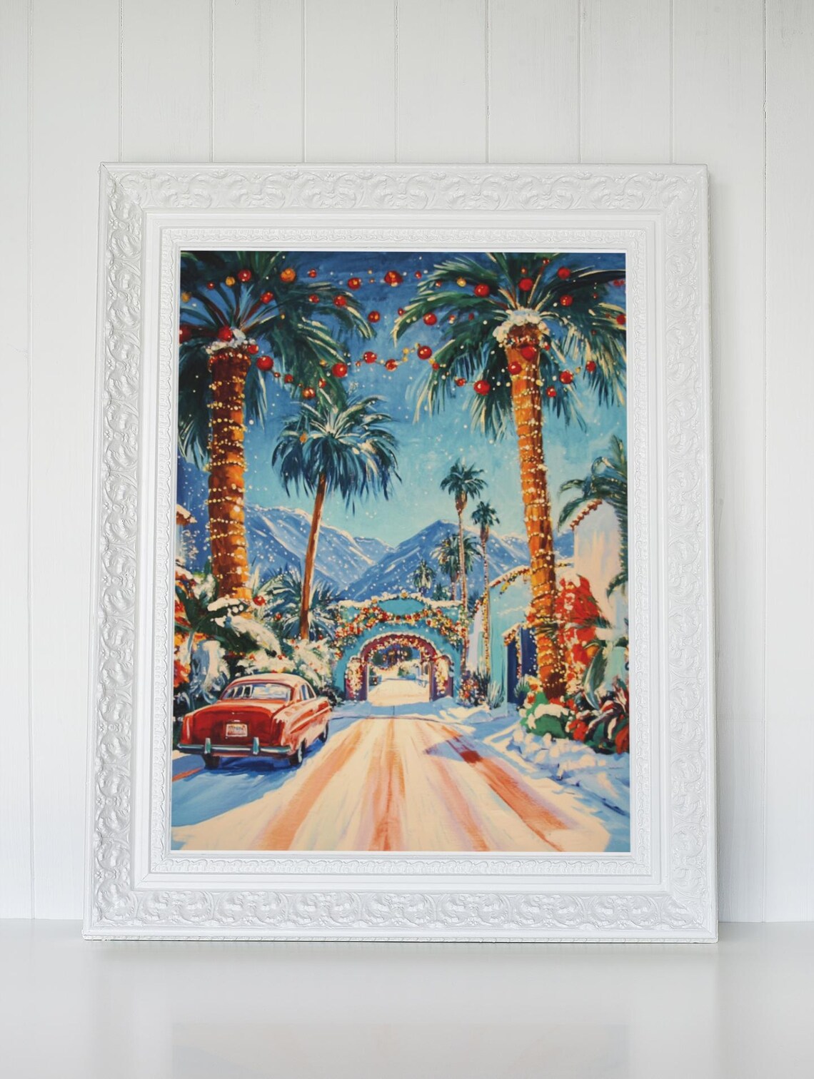 Palm Tree Christmas Street With Snowy Mountains Holiday Poster