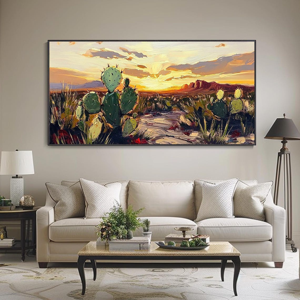 Golden Prickly Pear Cactus Desert Sunset Mesa Impasto Art Poster - Image 2